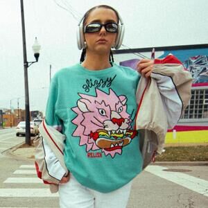 Relish Brand Chicago Style Glizzy & Art Lion sweater Teal Large